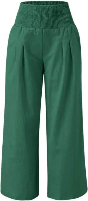 Women Linen Palazzo Pants Boho Wide Leg Casual Pants Lounge Trousers High Waist Straight Leg Comfy Pants with Pocket