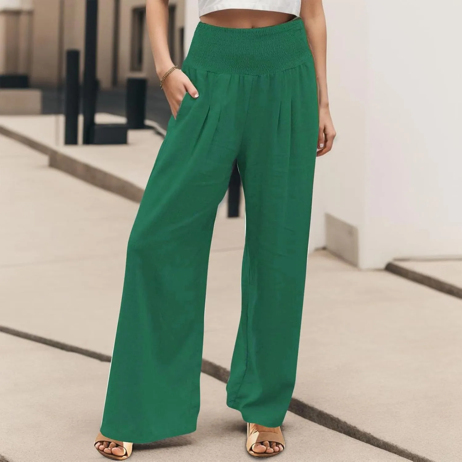 Women Linen Palazzo Pants Boho Wide Leg Casual Pants Lounge Trousers High Waist Straight Leg Comfy Pants with Pocket