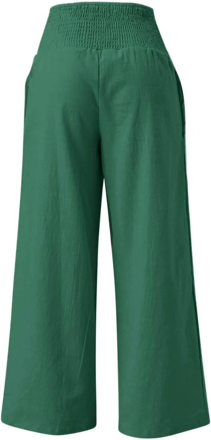 Women Linen Palazzo Pants Boho Wide Leg Casual Pants Lounge Trousers High Waist Straight Leg Comfy Pants with Pocket