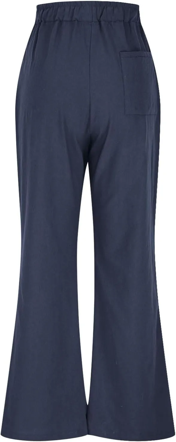 Women Linen Palazzo Pants Summer Boho Beach Pants Casual Wide Leg High Waist Lounge Pant Vacation Trousers with Pocket