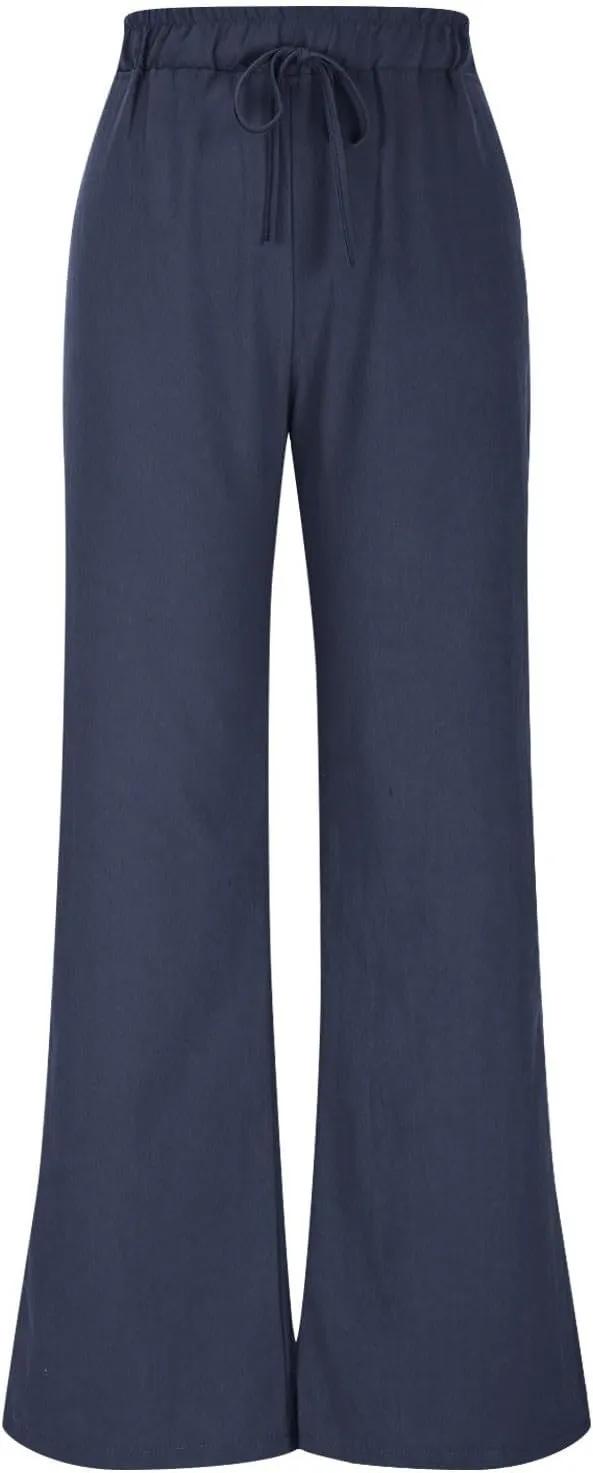 Women Linen Palazzo Pants Summer Boho Beach Pants Casual Wide Leg High Waist Lounge Pant Vacation Trousers with Pocket