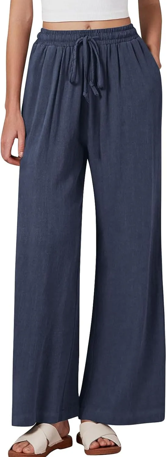 Women Linen Palazzo Pants Summer Boho Beach Pants Casual Wide Leg High Waist Lounge Pant Vacation Trousers with Pocket