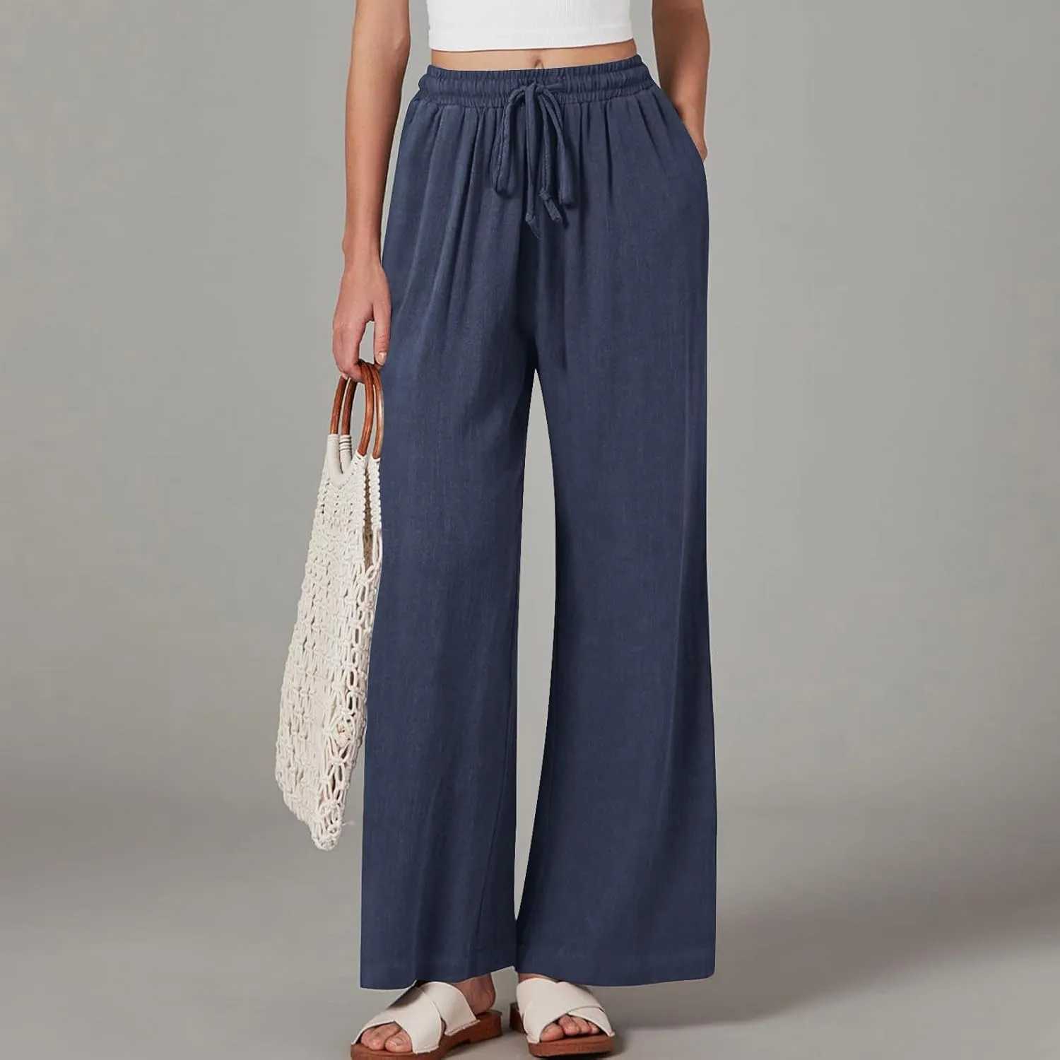 Women Linen Palazzo Pants Summer Boho Beach Pants Casual Wide Leg High Waist Lounge Pant Vacation Trousers with Pocket