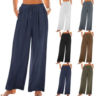 Women Linen Palazzo Pants Summer Boho Beach Pants Casual Wide Leg High Waist Lounge Pant Vacation Trousers with Pocket