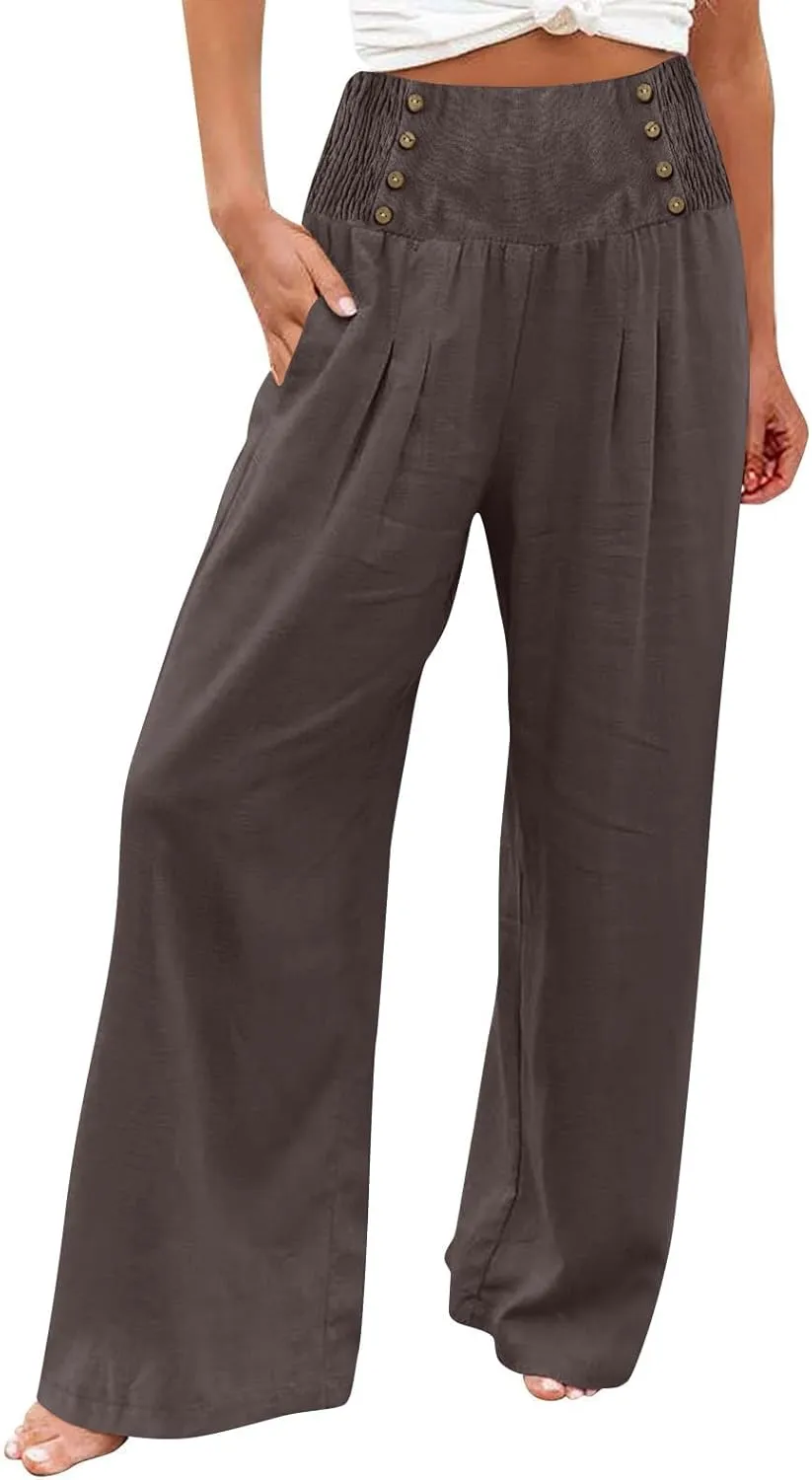 Women Linen Pants Comfy Flowy Wide Leg Pant Trousers Summer High Waisted Beach Palazzo Pants with Pockets