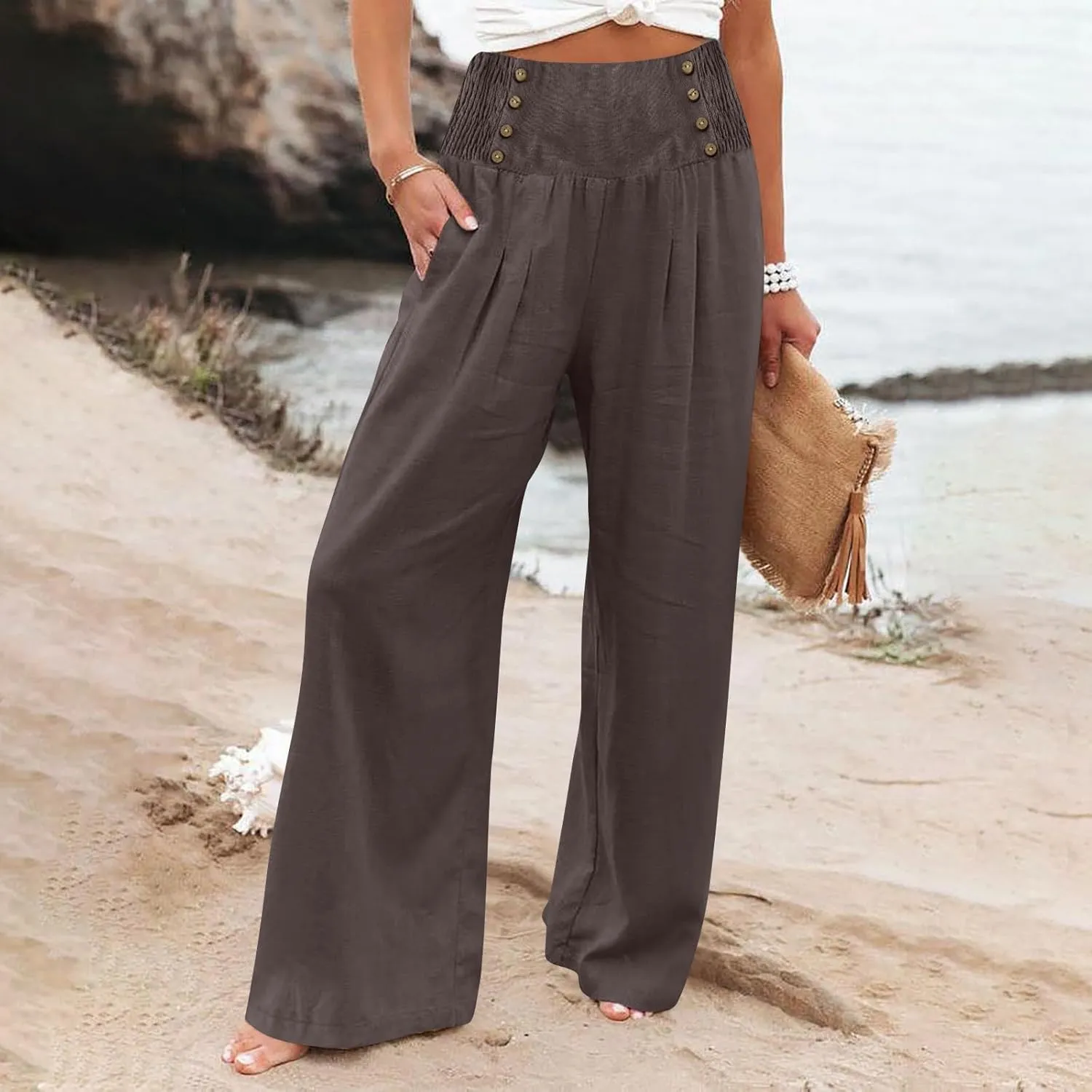 Women Linen Pants Comfy Flowy Wide Leg Pant Trousers Summer High Waisted Beach Palazzo Pants with Pockets