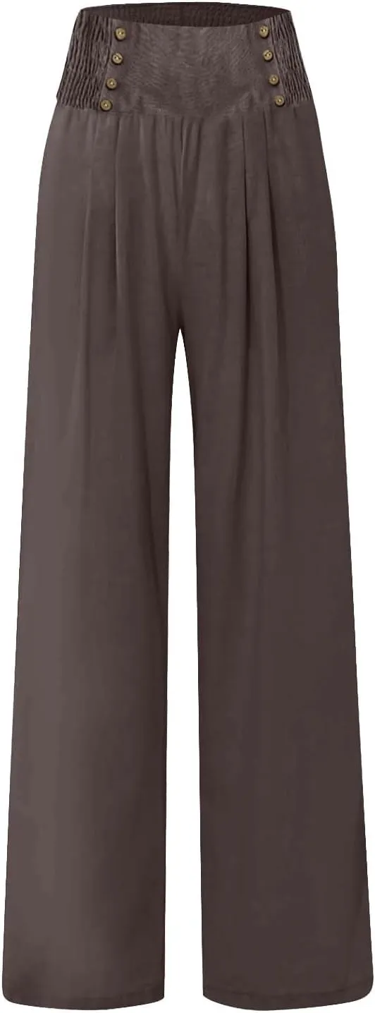 Women Linen Pants Comfy Flowy Wide Leg Pant Trousers Summer High Waisted Beach Palazzo Pants with Pockets