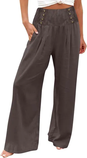 Women Linen Pants Comfy Flowy Wide Leg Pant Trousers Summer High Waisted Beach Palazzo Pants with Pockets
