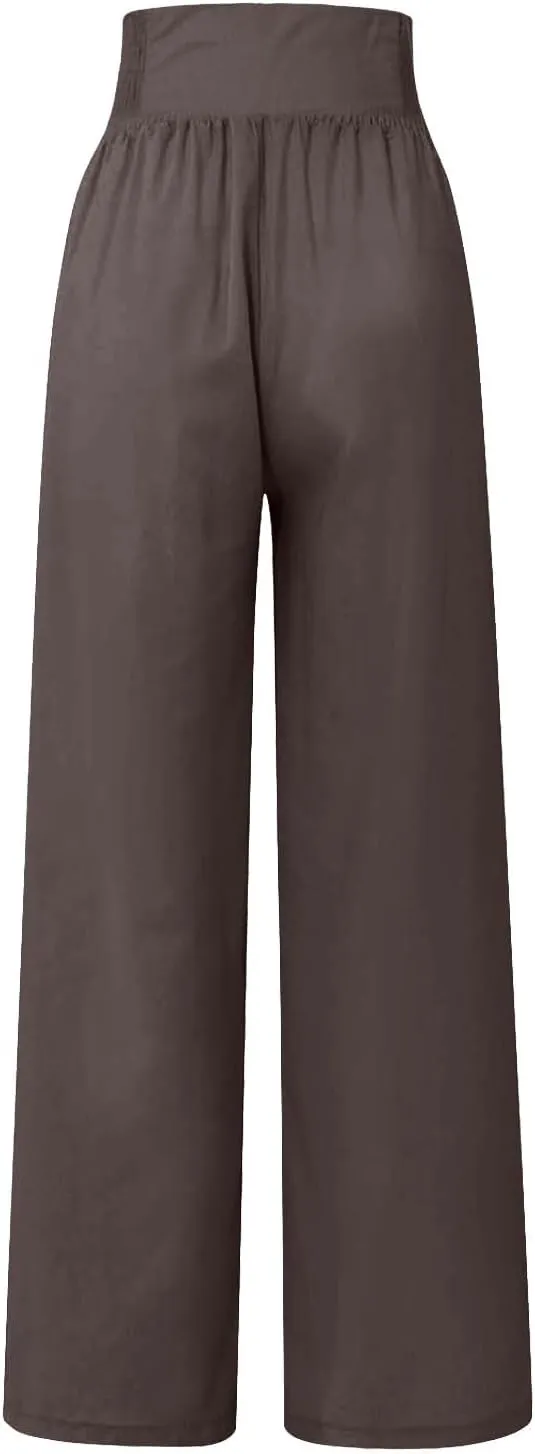 Women Linen Pants Comfy Flowy Wide Leg Pant Trousers Summer High Waisted Beach Palazzo Pants with Pockets