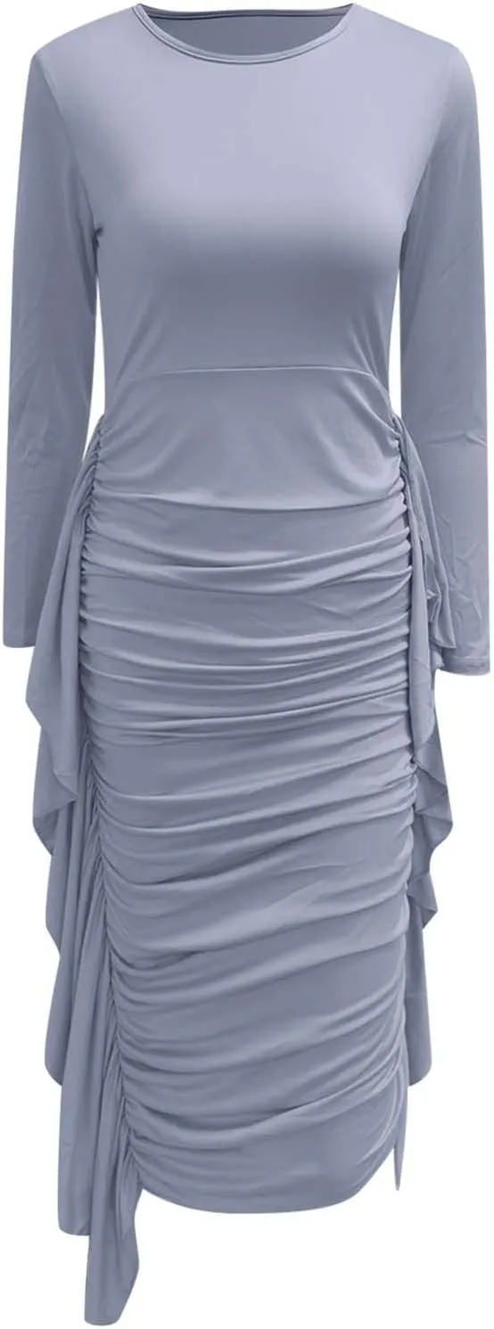 Women Long Sleeve Casual Ruffled Mini Dress Fringed Side Ruffle Hem Dress Casual Skirts for Women 2024