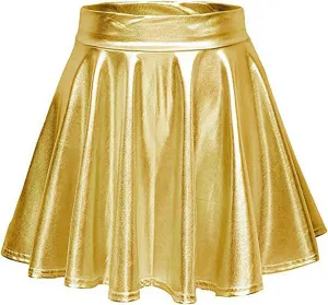 Women Pleated Skirt Fashion Shiny Metallic Dance Skirt High Waist Holographic Skirt A-Line Flared Mini Skater Skirts