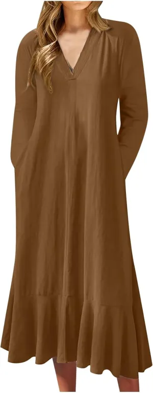 Women Ruffle Hem Kaftan Dress Long Sleeve V Neck Flowy Midi Dress Plus Size Fashion Bowtie Keyhole Back A-Line Dress