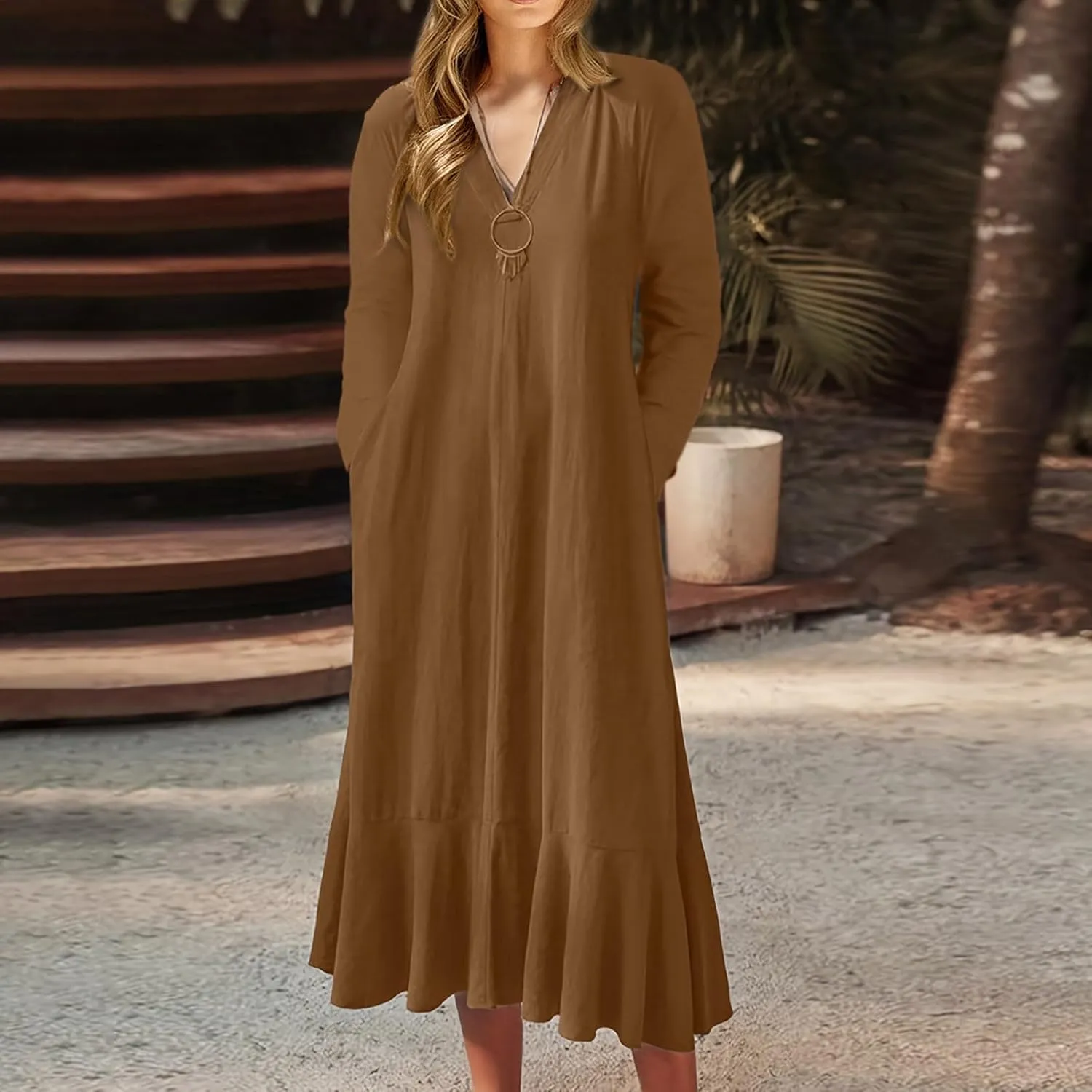 Women Ruffle Hem Kaftan Dress Long Sleeve V Neck Flowy Midi Dress Plus Size Fashion Bowtie Keyhole Back A-Line Dress