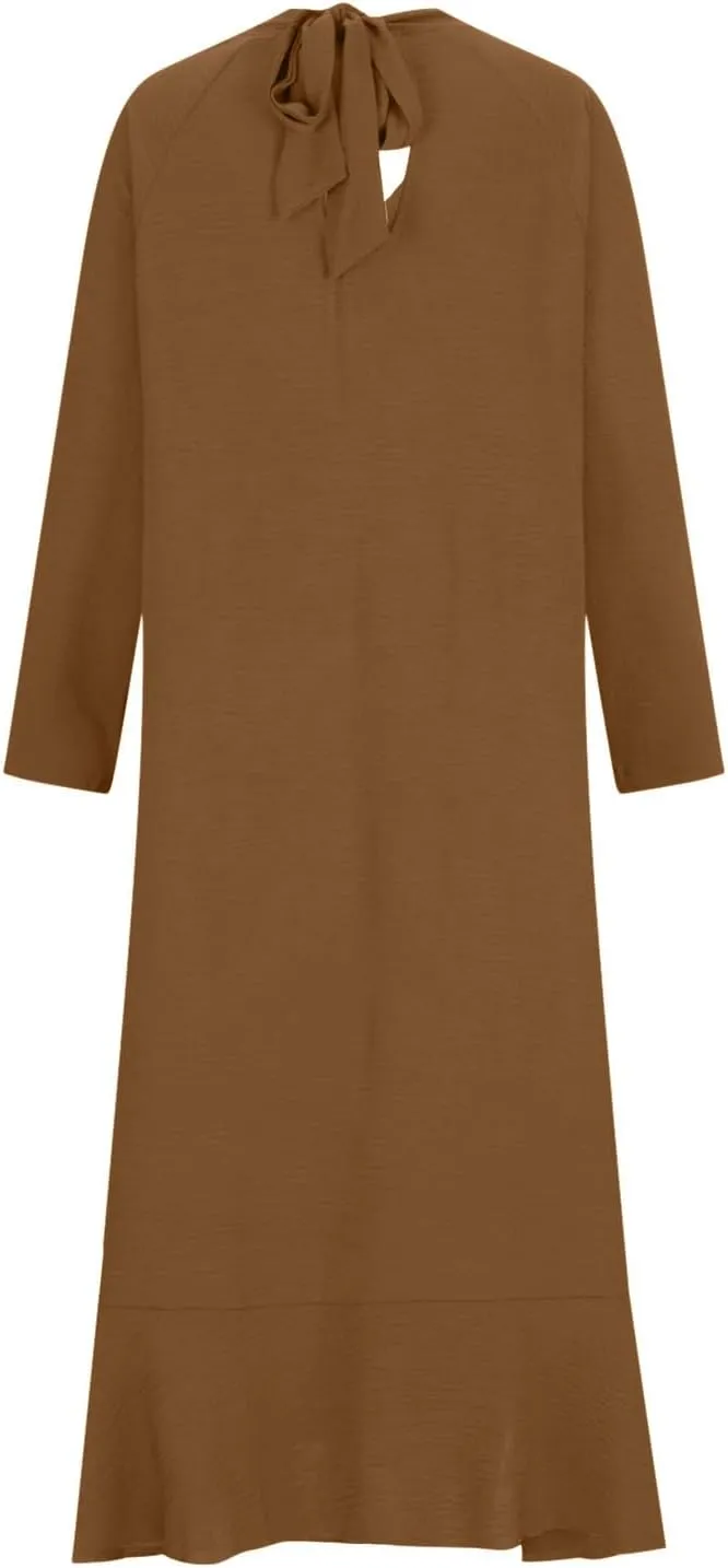 Women Ruffle Hem Kaftan Dress Long Sleeve V Neck Flowy Midi Dress Plus Size Fashion Bowtie Keyhole Back A-Line Dress