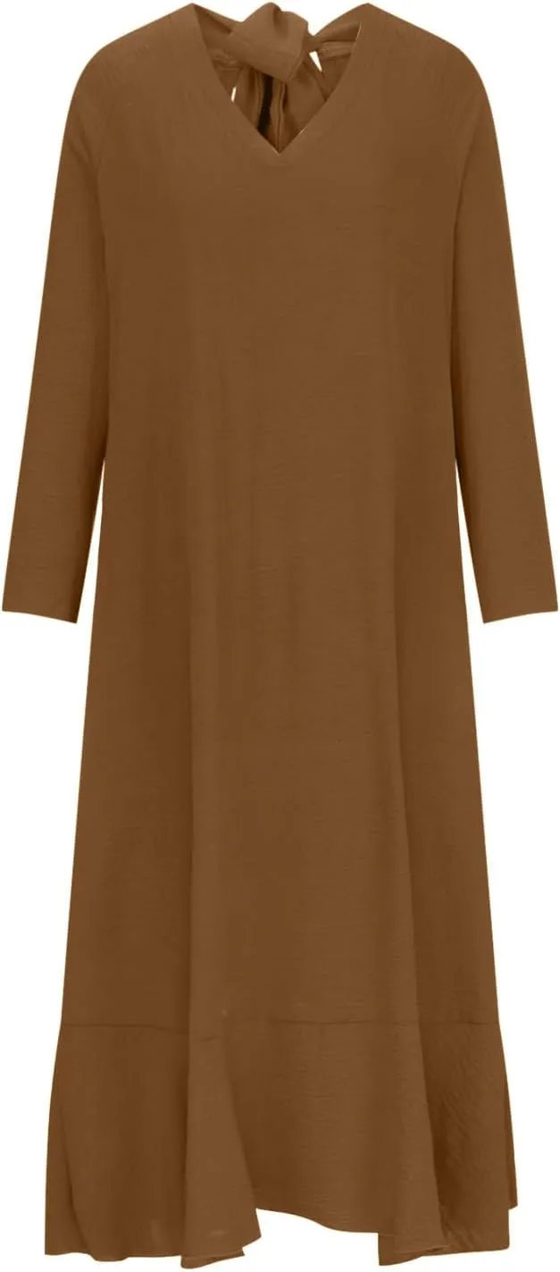 Women Ruffle Hem Kaftan Dress Long Sleeve V Neck Flowy Midi Dress Plus Size Fashion Bowtie Keyhole Back A-Line Dress