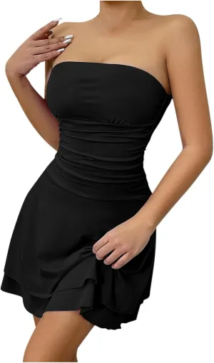 Women Sexy Bodycon Tube Dress Cinch Waist Off Shoulder Mini Ruffle Dresses Going Out Night Out Cocktail Party Dress