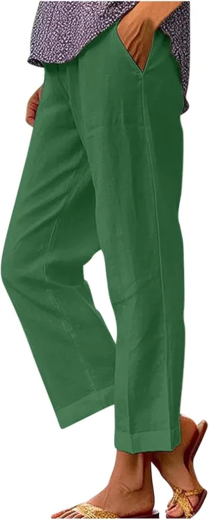 Women Summer Beach Pants Casual Elastic High Waist Wide Leg Pant Comfy Cotton Linen Plus Size Trousers with Pockets