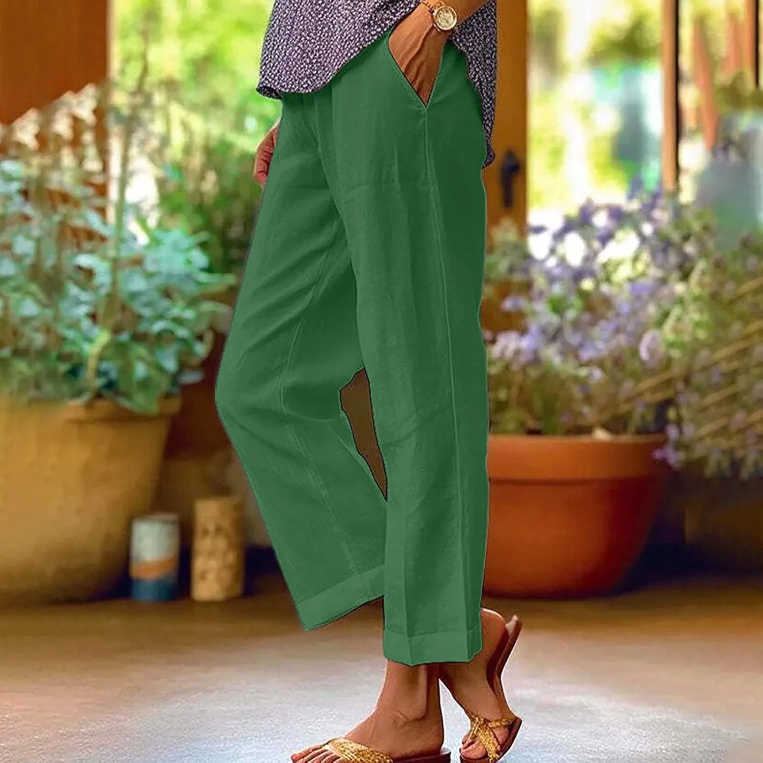 Women Summer Beach Pants Casual Elastic High Waist Wide Leg Pant Comfy Cotton Linen Plus Size Trousers with Pockets