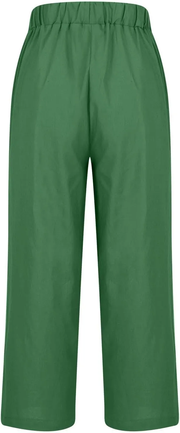 Women Summer Beach Pants Casual Elastic High Waist Wide Leg Pant Comfy Cotton Linen Plus Size Trousers with Pockets