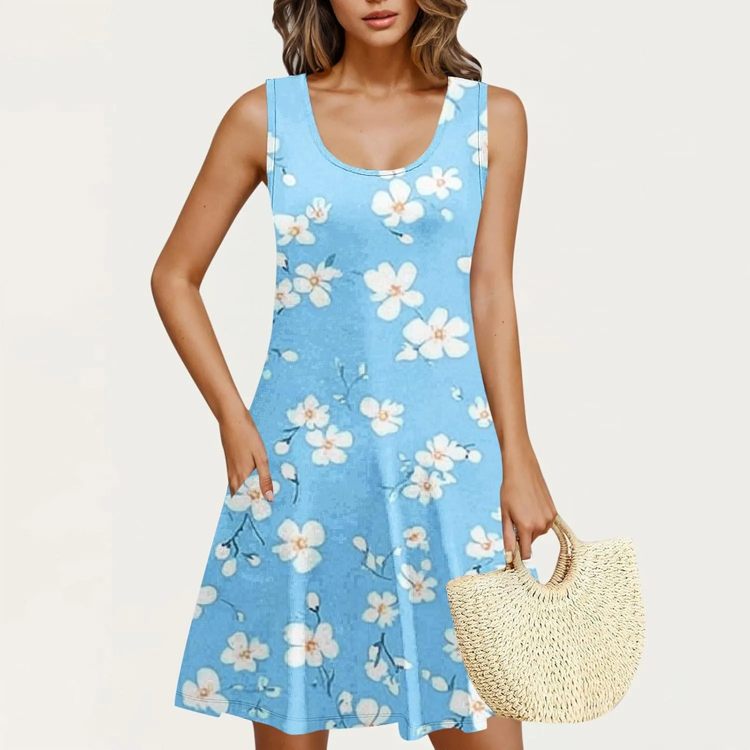 Women Summer Dress 2025 Loose V Neck Sleeveless Sundresses Swimsuit Coverup with Pocket Floral Tunic Mini Tank Dresses