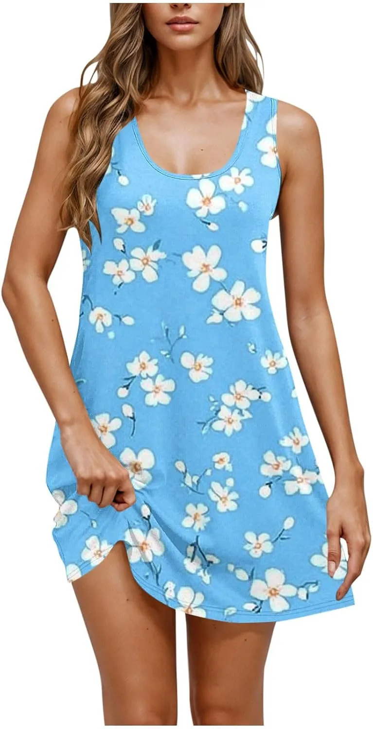 Women Summer Dress 2025 Loose V Neck Sleeveless Sundresses Swimsuit Coverup with Pocket Floral Tunic Mini Tank Dresses