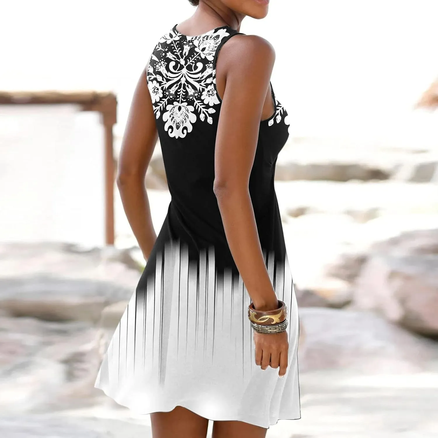 Women Summer Loose Dress Sleeveless Floral Print V Neck Hollow Out Sundress Casual Beach Dress Mini Dress Sundress