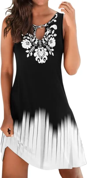 Women Summer Loose Dress Sleeveless Floral Print V Neck Hollow Out Sundress Casual Beach Dress Mini Dress Sundress