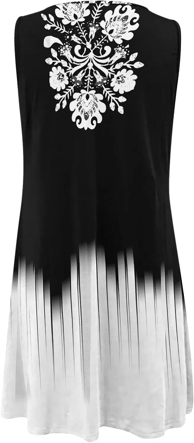 Women Summer Loose Dress Sleeveless Floral Print V Neck Hollow Out Sundress Casual Beach Dress Mini Dress Sundress