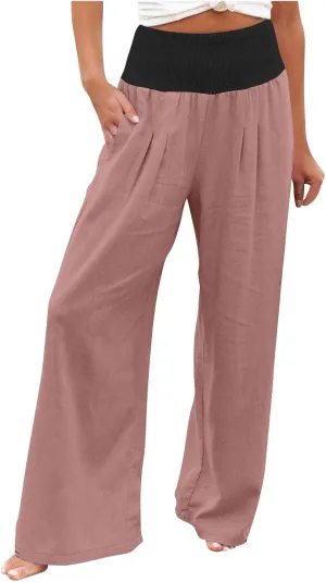 Women Summer Palazzo Pants High Waisted Cotton Linen Pant High Waisted Wide Leg Pants Boho Lounge Trousers