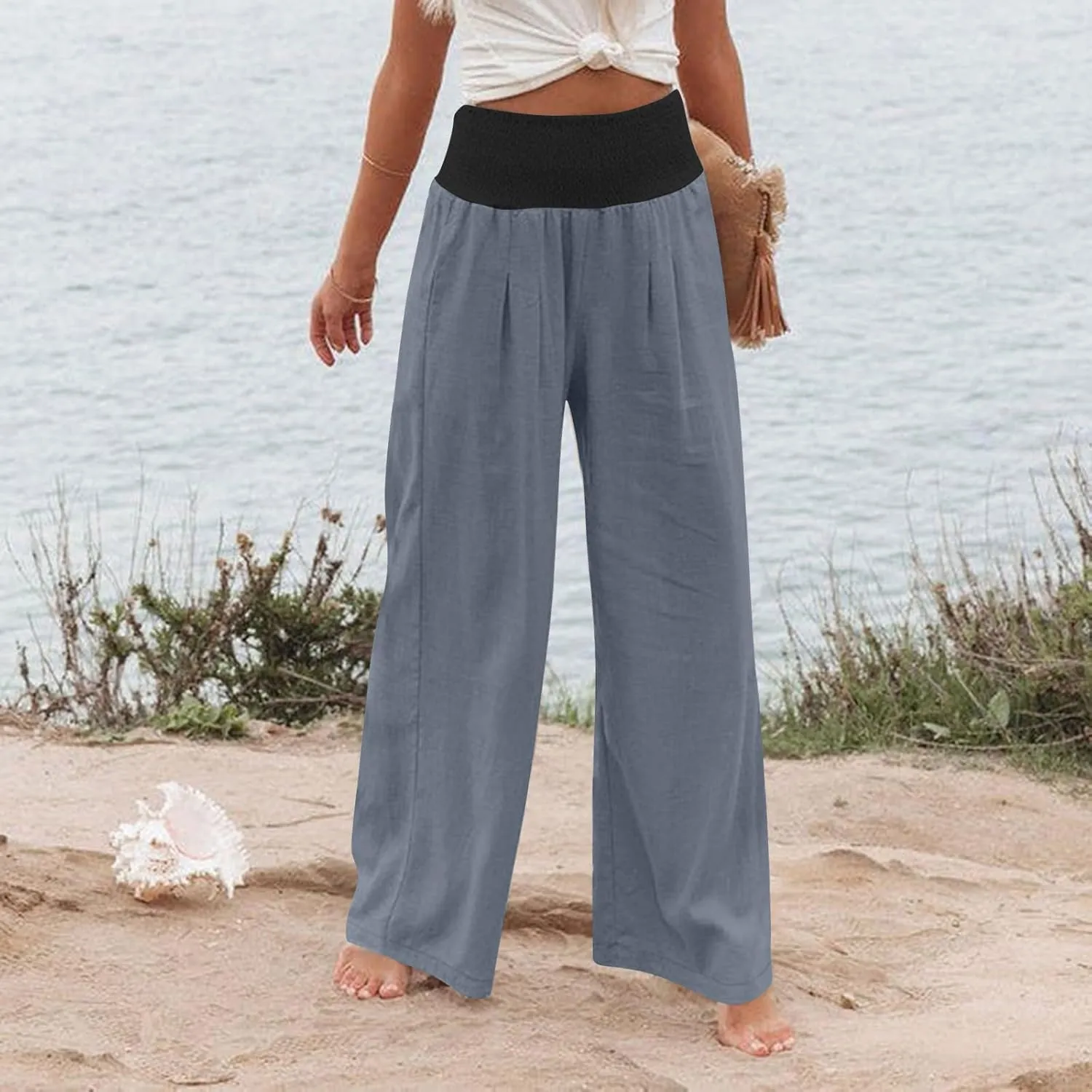 Women Summer Palazzo Pants High Waisted Cotton Linen Pant High Waisted Wide Leg Pants Boho Lounge Trousers