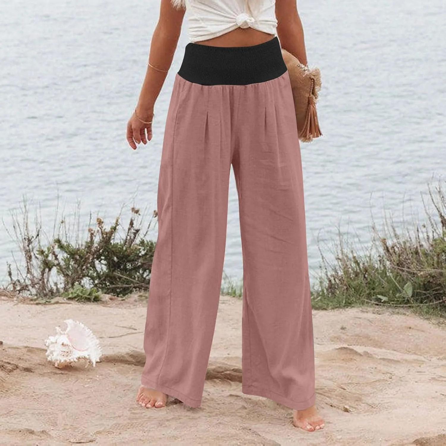 Women Summer Palazzo Pants High Waisted Cotton Linen Pant High Waisted Wide Leg Pants Boho Lounge Trousers