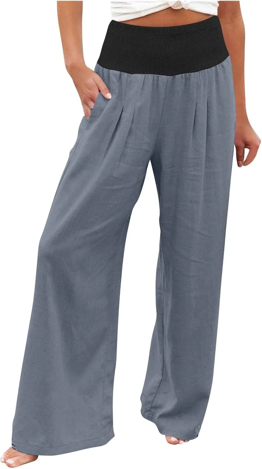 Women Summer Palazzo Pants High Waisted Cotton Linen Pant High Waisted Wide Leg Pants Boho Lounge Trousers