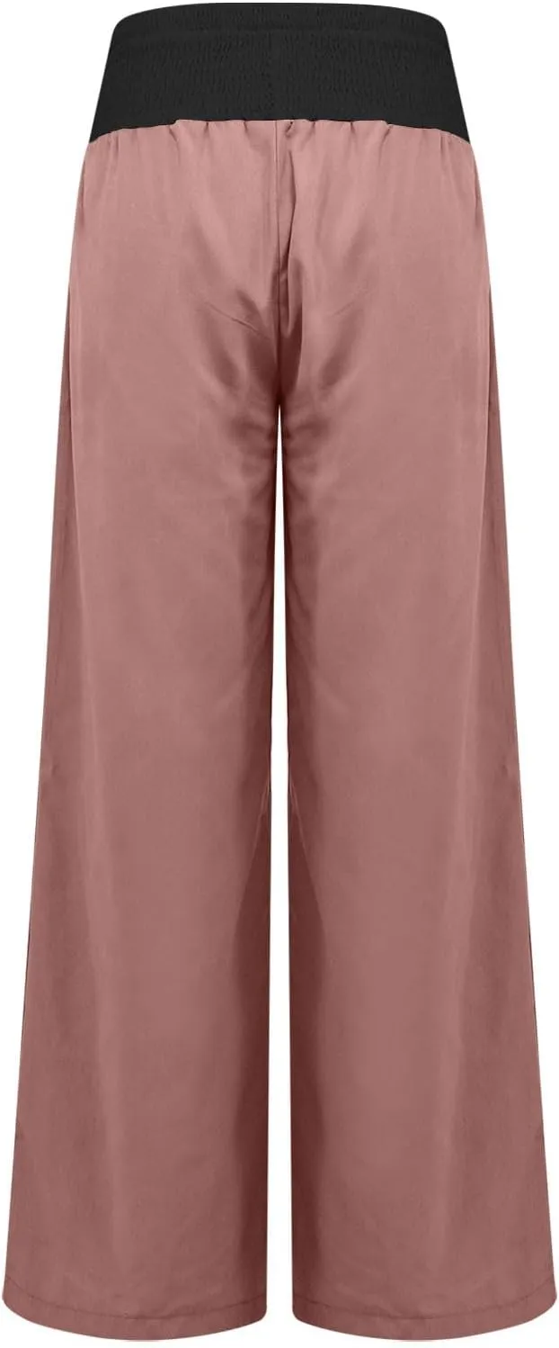 Women Summer Palazzo Pants High Waisted Cotton Linen Pant High Waisted Wide Leg Pants Boho Lounge Trousers