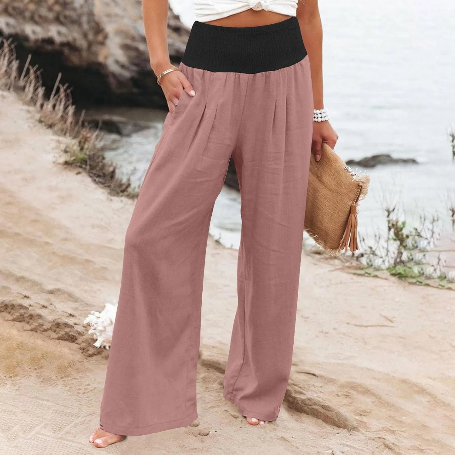 Women Summer Palazzo Pants High Waisted Cotton Linen Pant High Waisted Wide Leg Pants Boho Lounge Trousers