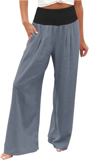 Women Summer Palazzo Pants High Waisted Cotton Linen Pant High Waisted Wide Leg Pants Boho Lounge Trousers