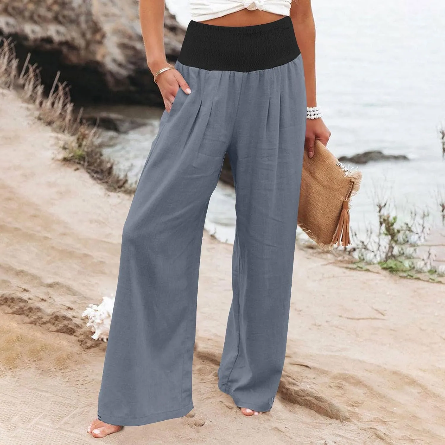 Women Summer Palazzo Pants High Waisted Cotton Linen Pant High Waisted Wide Leg Pants Boho Lounge Trousers