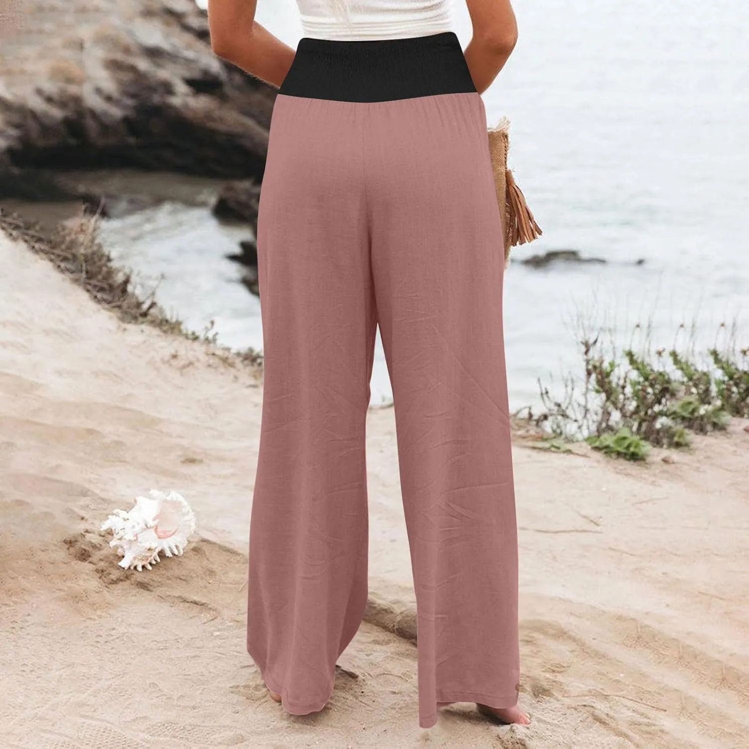 Women Summer Palazzo Pants High Waisted Cotton Linen Pant High Waisted Wide Leg Pants Boho Lounge Trousers
