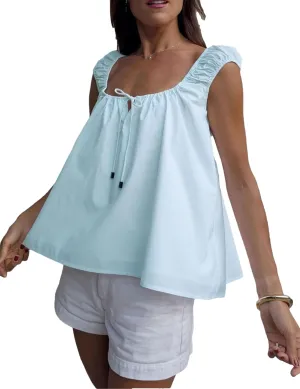 Women Tie Front Tank Tops Summer Sleeveless Square Neck Babydoll Shirts Casual Flowy Pleated Ruffle Top