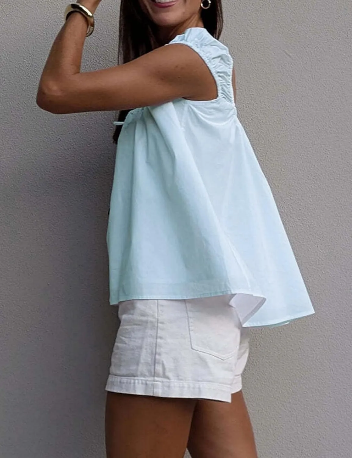 Women Tie Front Tank Tops Summer Sleeveless Square Neck Babydoll Shirts Casual Flowy Pleated Ruffle Top