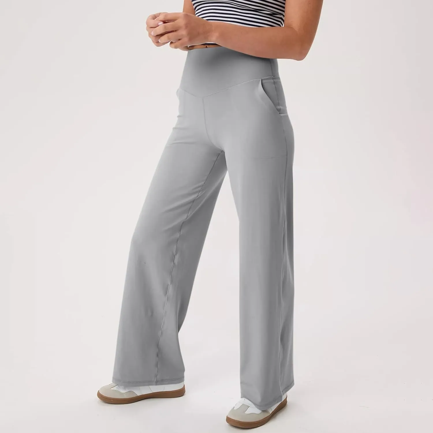 Women Wide Leg Yoga Pants with Pockets Stretch Straight Leg Dress Pant Tummy Control Flare Leggings Athletic Pant