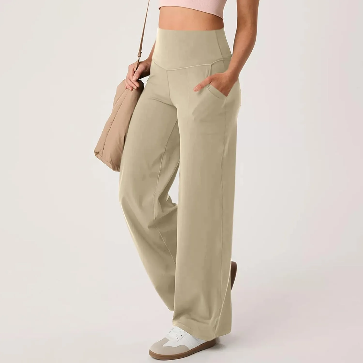 Women Wide Leg Yoga Pants with Pockets Stretch Straight Leg Dress Pant Tummy Control Flare Leggings Athletic Pant