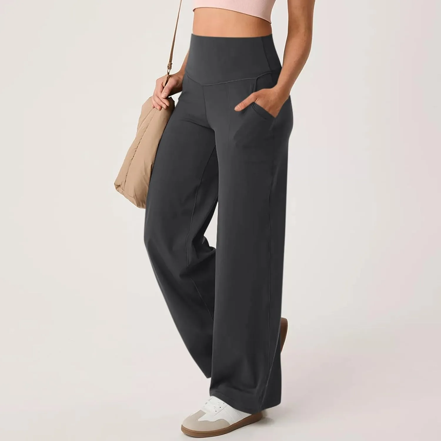 Women Wide Leg Yoga Pants with Pockets Stretch Straight Leg Dress Pant Tummy Control Flare Leggings Athletic Pant