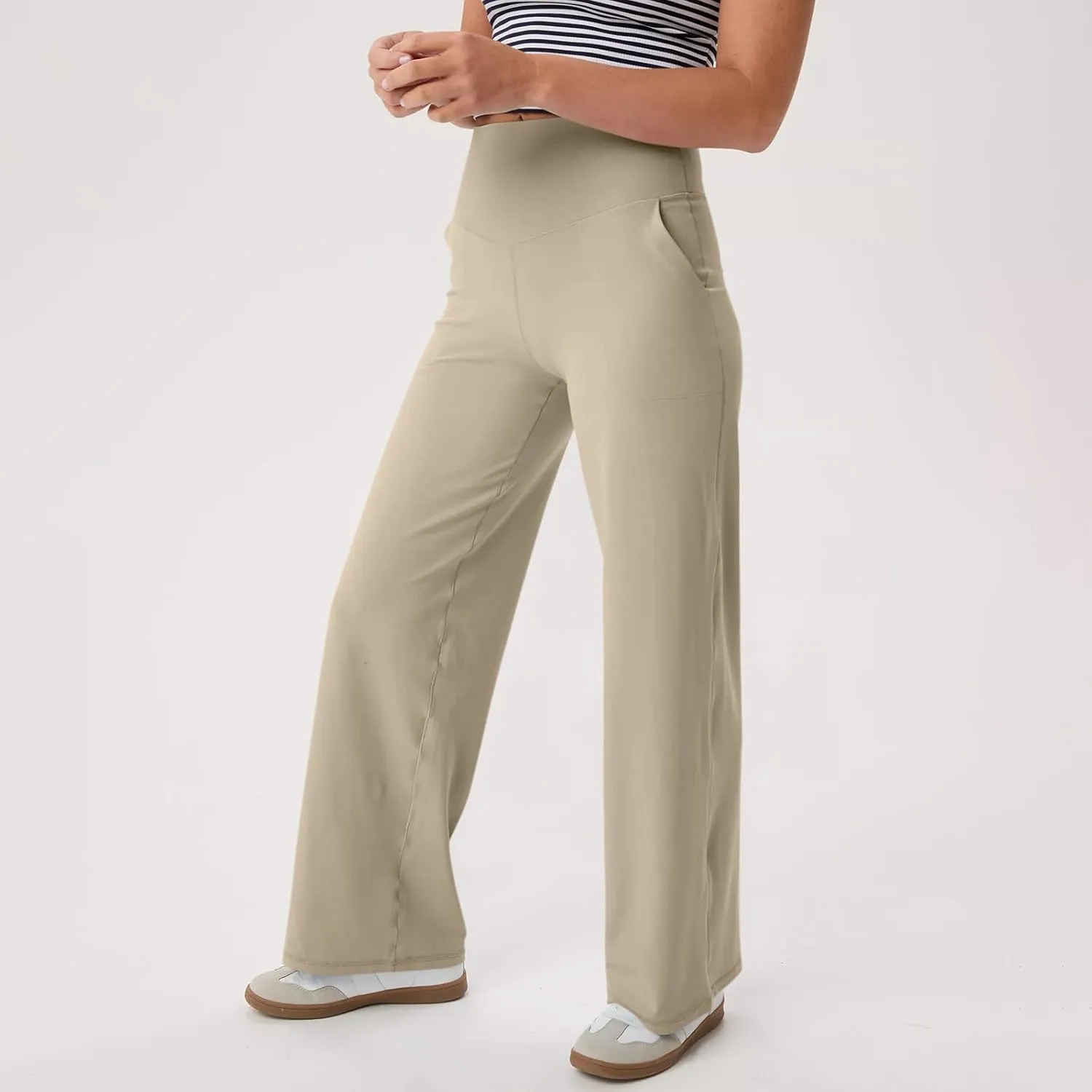 Women Wide Leg Yoga Pants with Pockets Stretch Straight Leg Dress Pant Tummy Control Flare Leggings Athletic Pant