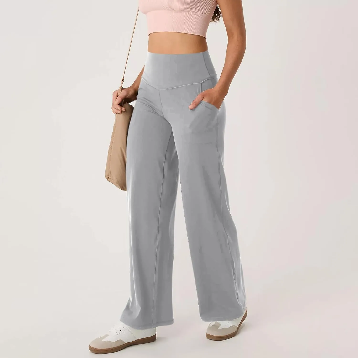Women Wide Leg Yoga Pants with Pockets Stretch Straight Leg Dress Pant Tummy Control Flare Leggings Athletic Pant