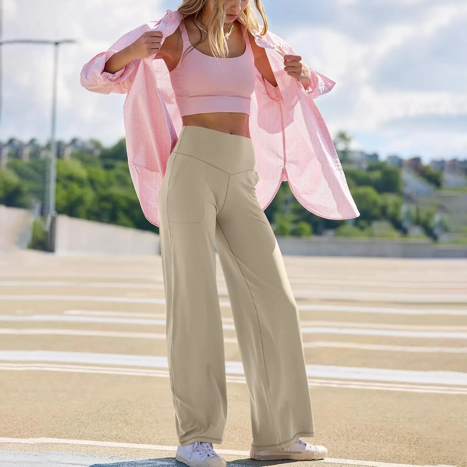 Women Wide Leg Yoga Pants with Pockets Stretch Straight Leg Dress Pant Tummy Control Flare Leggings Athletic Pant