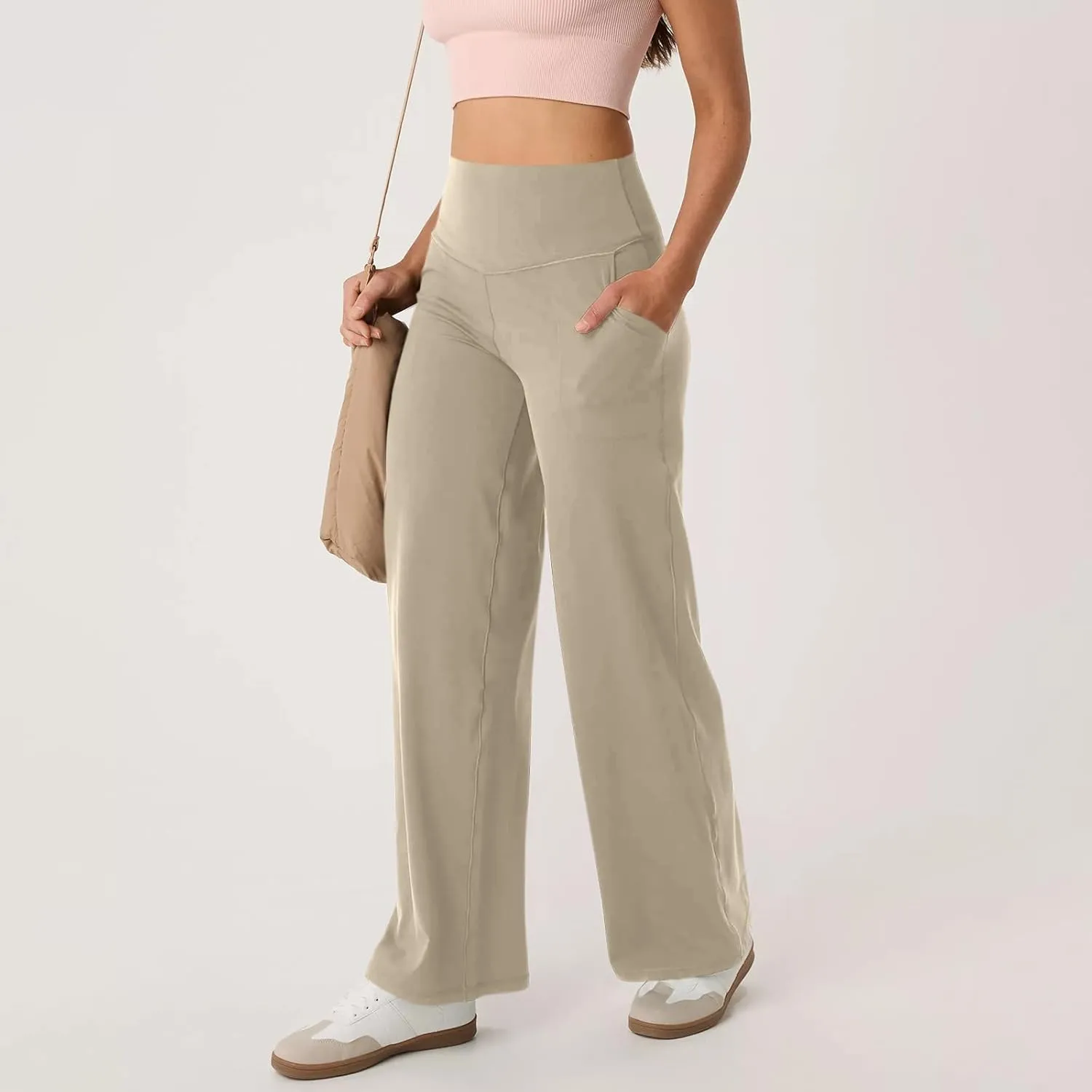 Women Wide Leg Yoga Pants with Pockets Stretch Straight Leg Dress Pant Tummy Control Flare Leggings Athletic Pant