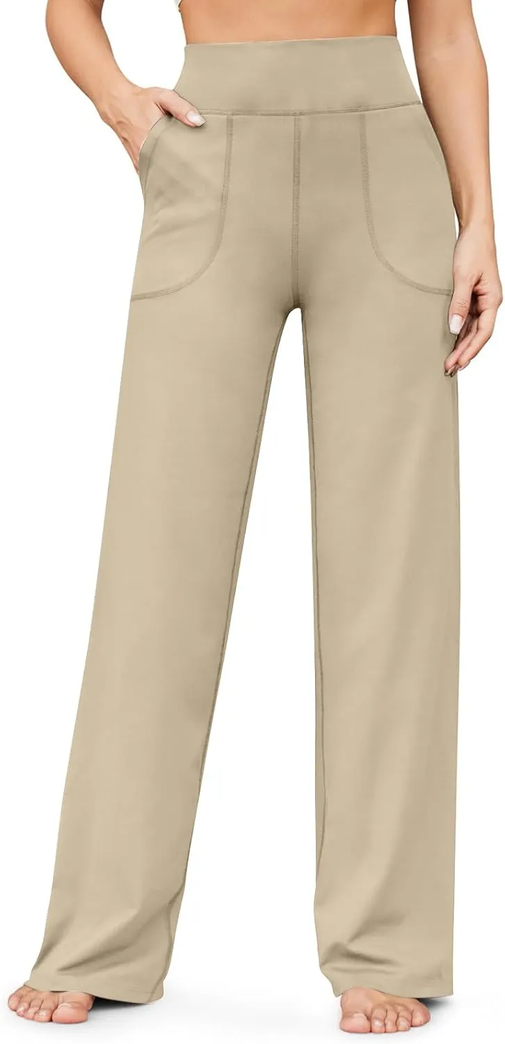 Women Wide Leg Yoga Pants with Pockets Tummy Control Flare Leggings Straight Leg Sweatpants Stretch Lounge Pants