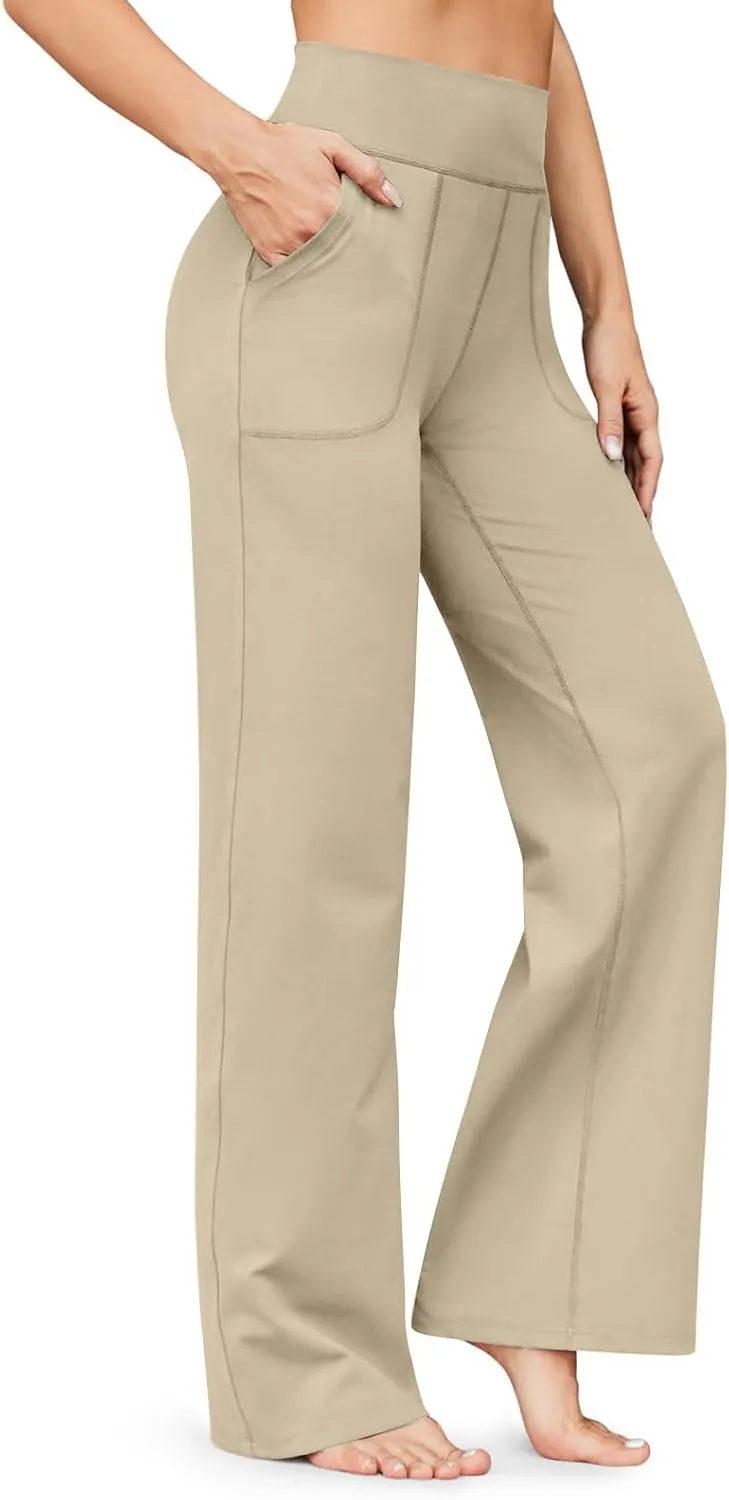 Women Wide Leg Yoga Pants with Pockets Tummy Control Flare Leggings Straight Leg Sweatpants Stretch Lounge Pants