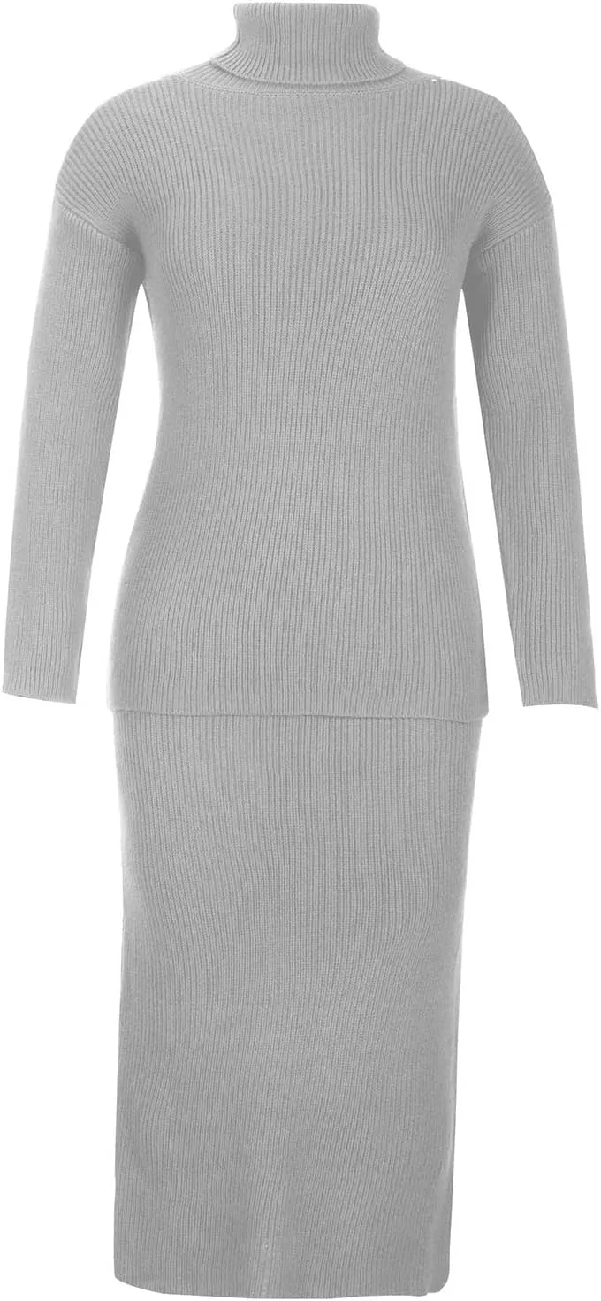 Women's 2 Piece Outfits Ribbed Knit Long Sleeve Oversized Turtleneck Sweater Top and Bodycon Midi Skirt Dress Set