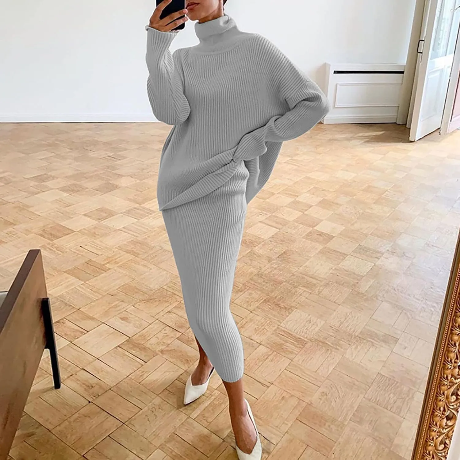 Women's 2 Piece Outfits Ribbed Knit Long Sleeve Oversized Turtleneck Sweater Top and Bodycon Midi Skirt Dress Set